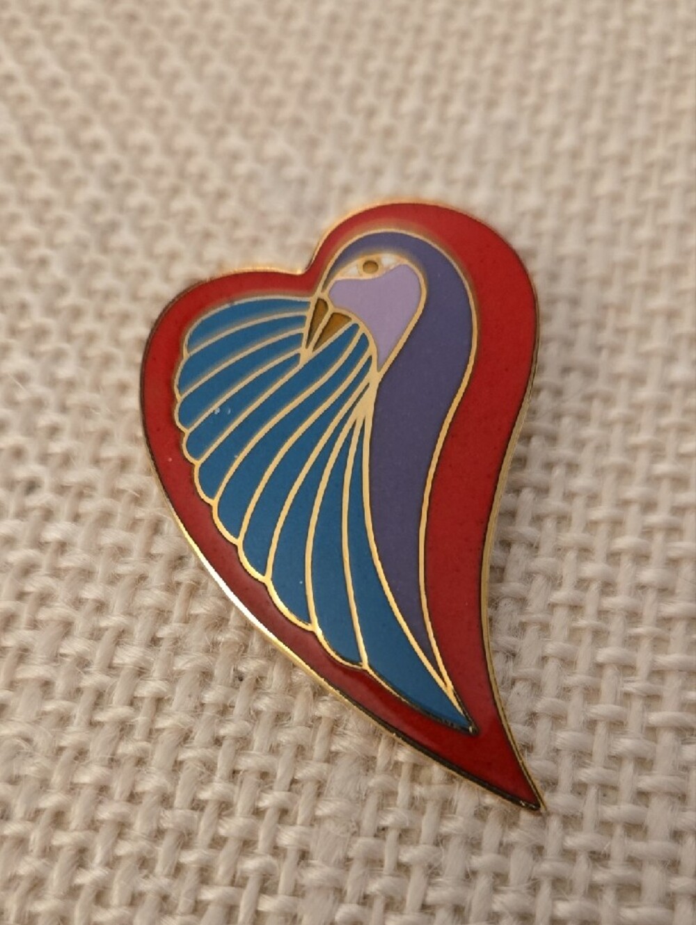 Laurel Burch Enamel Dove Heart-Shaped Gold Pin Brooch Red, Blue, Purple